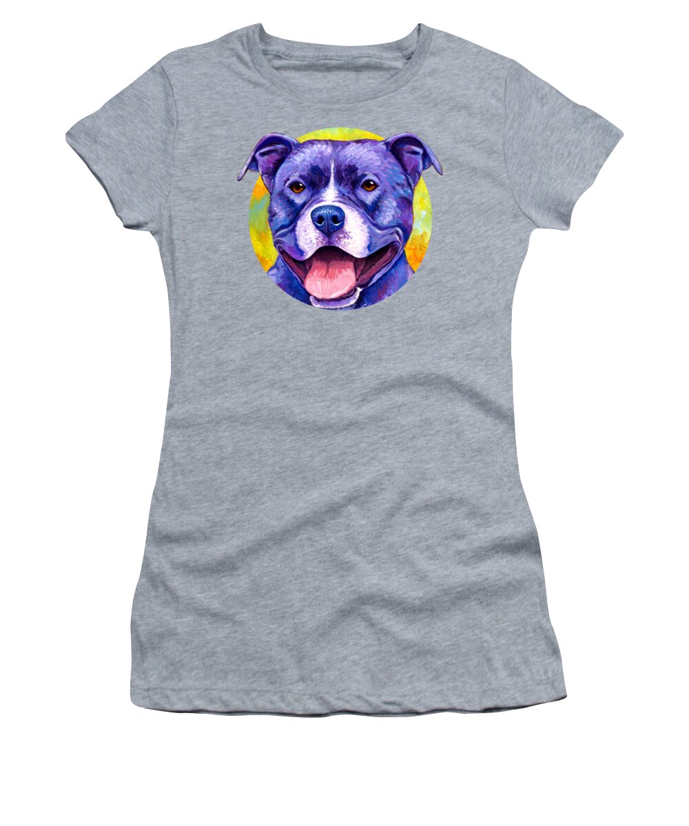 Pitbull Women's T-Shirt featuring the painting Peppy Purple Pitbull Terrier Dog by Rebecca Wang