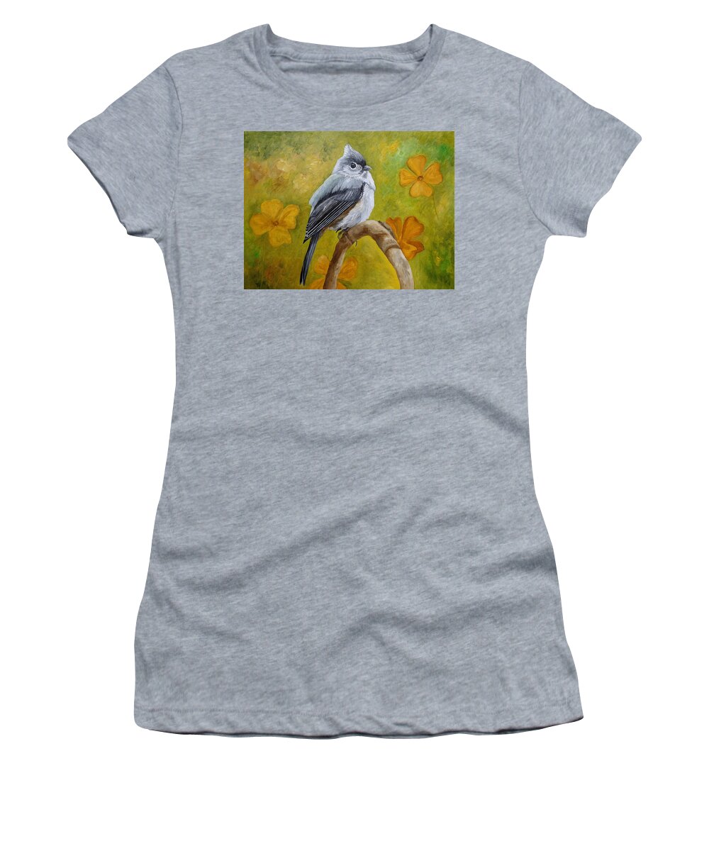 Tufted Titmouse Women's T-Shirt featuring the painting Big-Eyed Tufted Titmouse by Angeles M Pomata