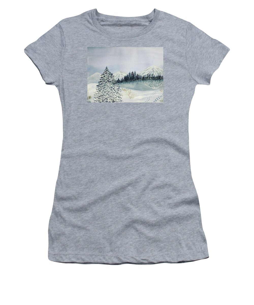 Winter Women's T-Shirt featuring the painting Winter Tree and Mountains by Lisa Neuman
