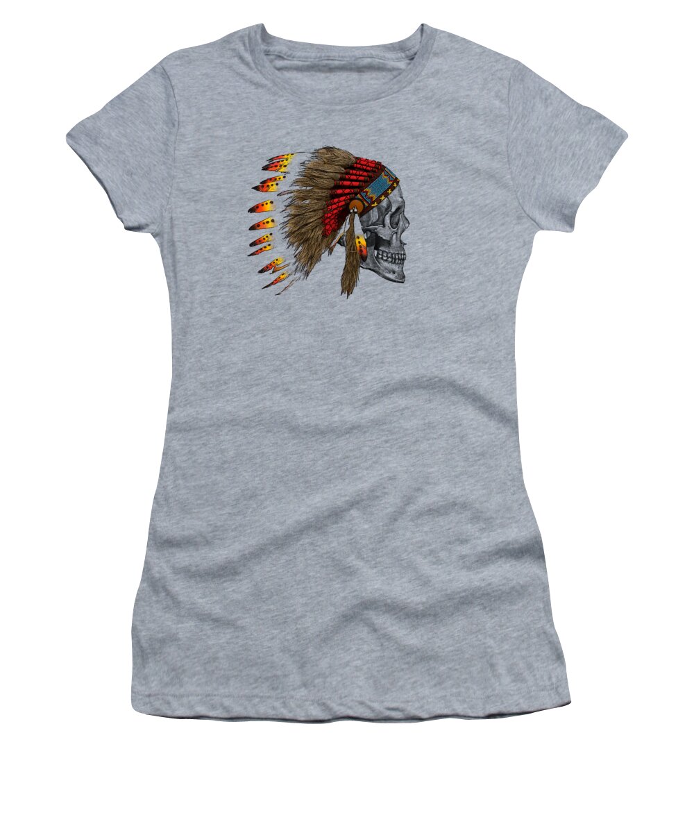 Skull Women's T-Shirt featuring the mixed media Skull with war bonnet by Madame Memento