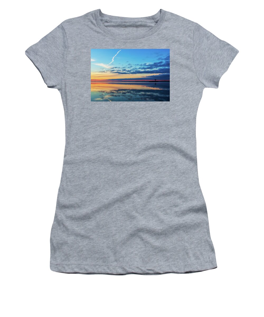 Sundown Women's T-Shirt featuring the photograph As the sun goes down on the water by Tatiana Travelways