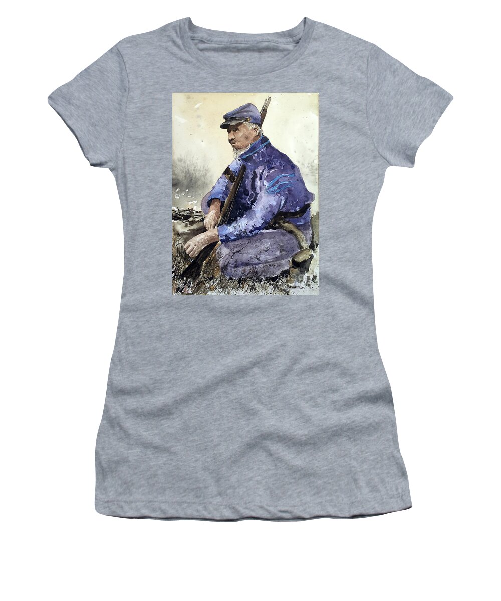 A Yankee Soldier Rests In A Field. Women's T-Shirt featuring the painting At Ease by Monte Toon