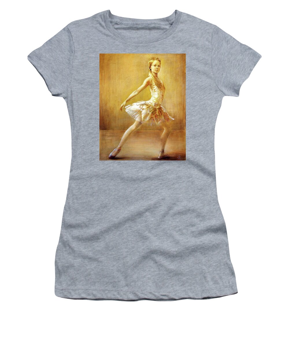 Ballerina Women's T-Shirt featuring the painting Attitude Ballerina painting on leatheder by Vali Irina Ciobanu