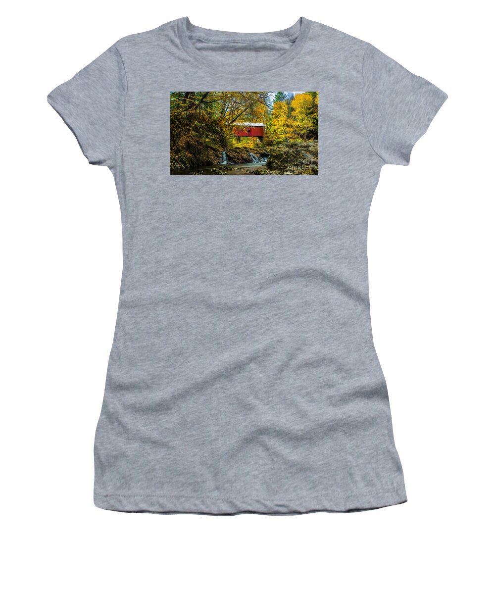 Vermont Women's T-Shirt featuring the photograph Autumn at the Slaughter House Covered Bridge by Scenic Vermont Photography