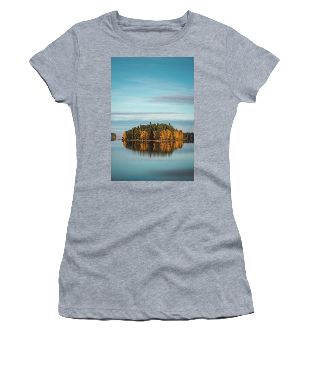 Admire Women's T-Shirt featuring the photograph Autumn coloured island in the middle of the lake by Vaclav Sonnek