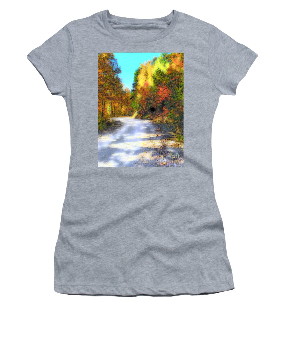 Autumn Women's T-Shirt featuring the digital art Autumn Country Road by Rachel Hannah
