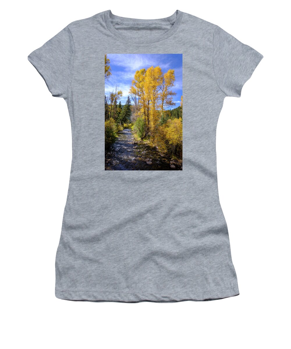 Scenic Women's T-Shirt featuring the photograph Autumn Day in New Mexico Blue Skies Golden Trees by Mary Lee Dereske