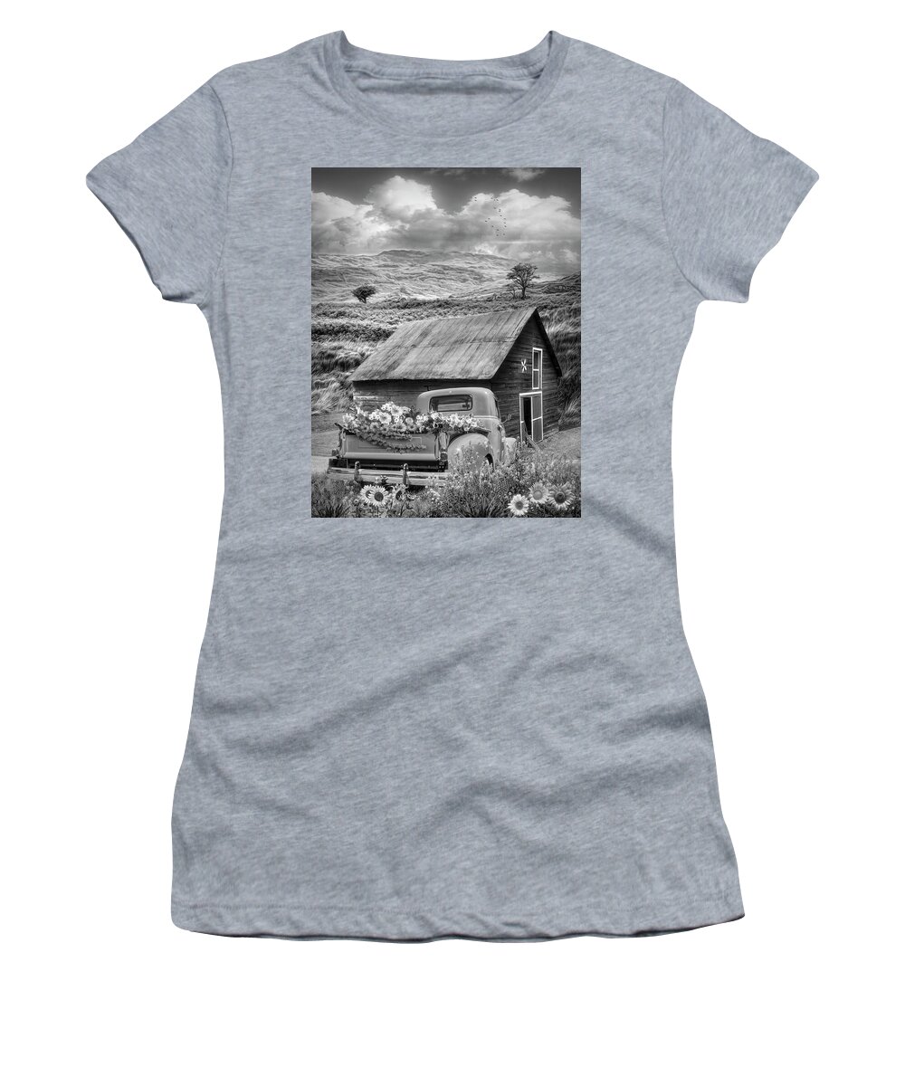 Barns Women's T-Shirt featuring the photograph Autumn Flower Farm Black and White by Debra and Dave Vanderlaan