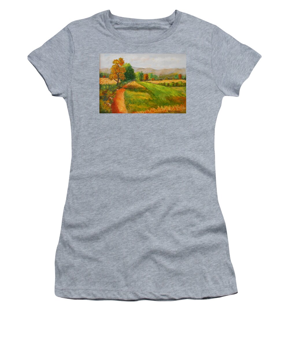 Landscapes Women's T-Shirt featuring the painting Autumn In Arcadia by Konstantinos Charalampopoulos