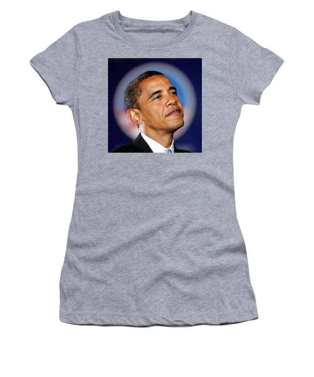 Barack Obama Women's T-Shirt featuring the photograph Barack Obama with Logo by Rick Wilking