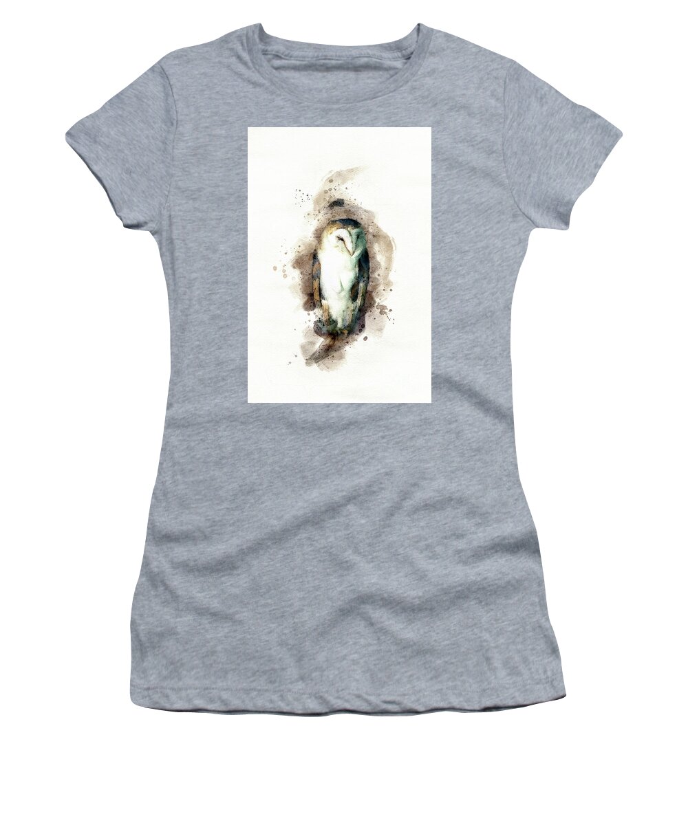 Barn Owl Women's T-Shirt featuring the photograph Barn owl perched on a branch in an old barn. Digital watercolour painting on white. by Jane Rix