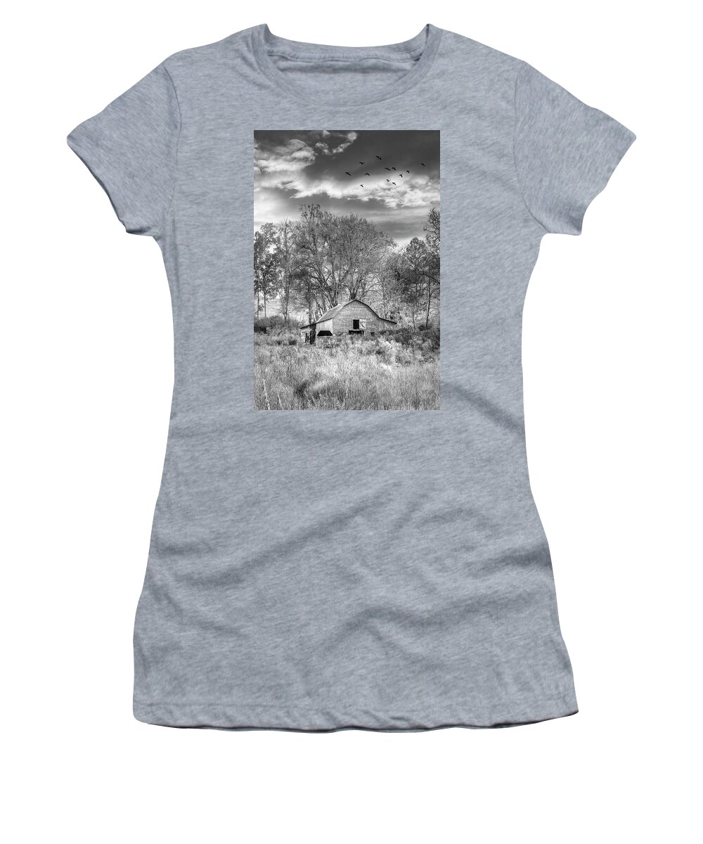 Black Women's T-Shirt featuring the photograph Barn Under Sunrise Skies Black and White by Debra and Dave Vanderlaan