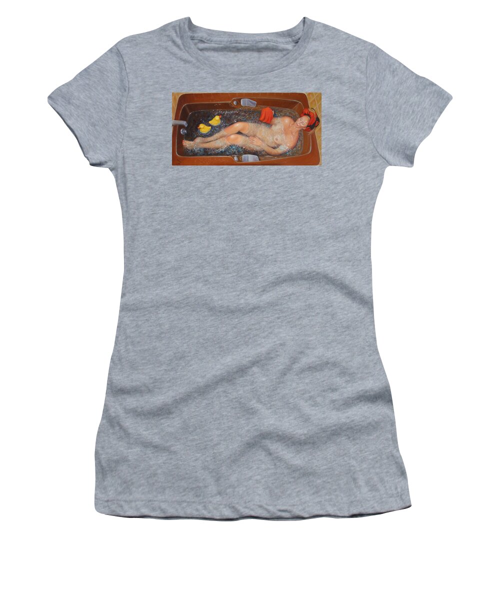 Realism Women's T-Shirt featuring the painting Bath #5 - Nude with Rubber Ducks by Donelli DiMaria