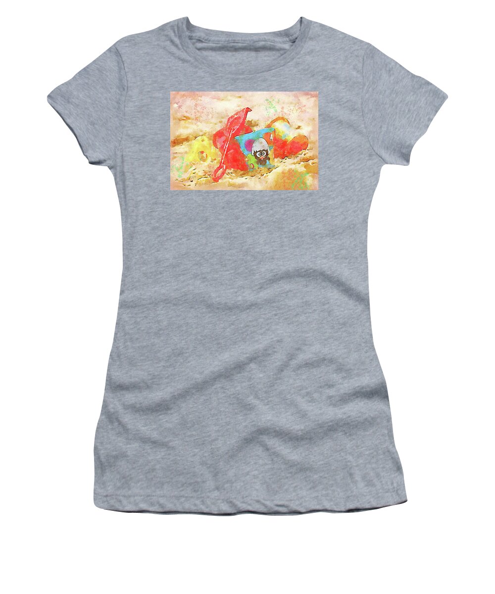 Beach Women's T-Shirt featuring the mixed media Beach Abstract Colorful Toys in the Sand Watercolor Painting by Shelli Fitzpatrick