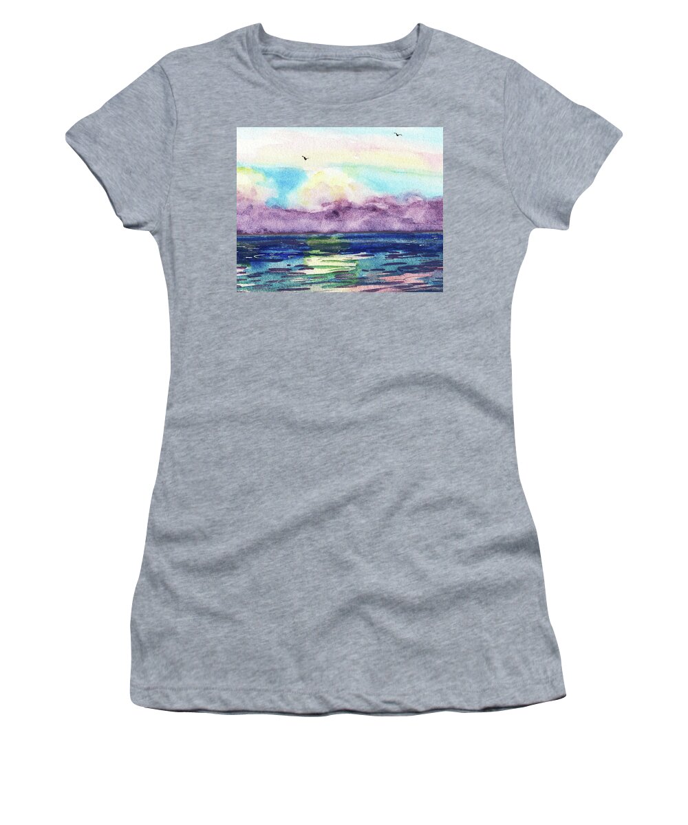 Beach Art Women's T-Shirt featuring the painting Beach Art Ocean Clouds Breezy Day Watercolor by Irina Sztukowski