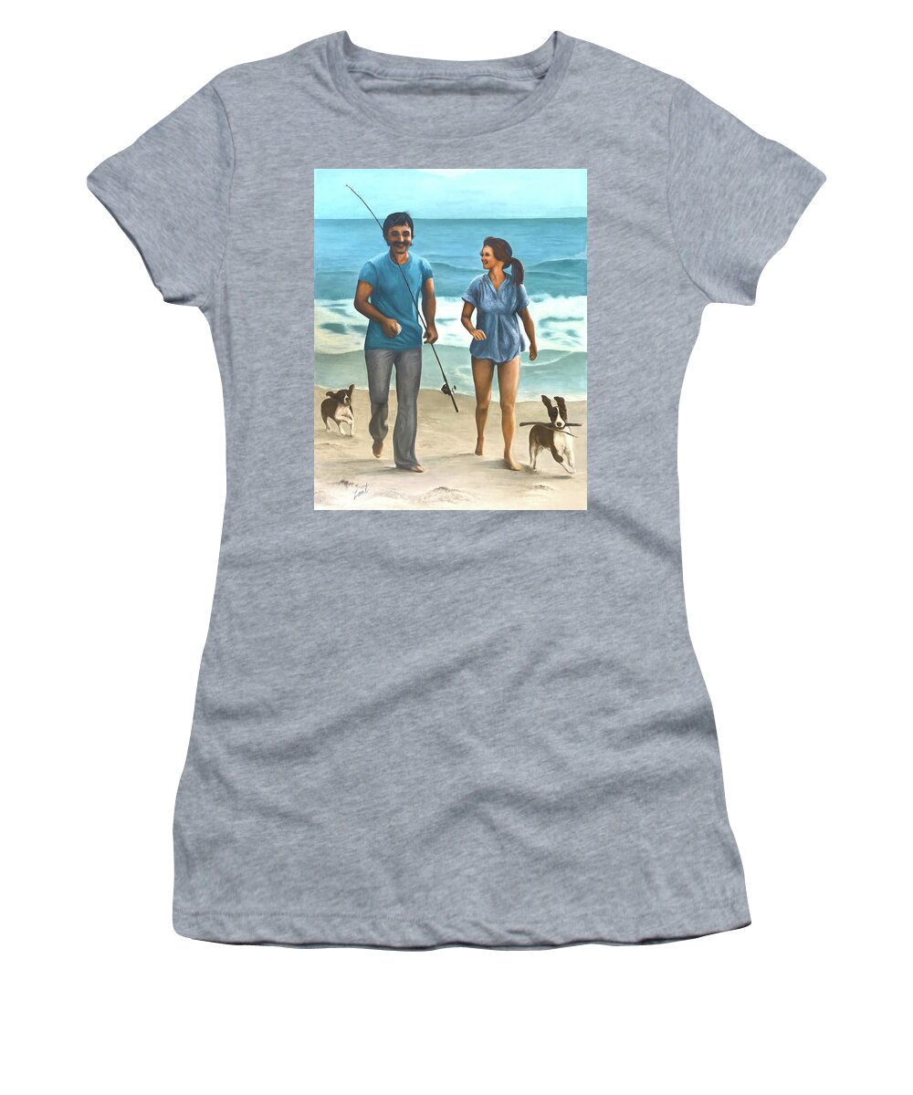 #fishing #onthe #beach #with #dogs #couple #having #fun #with Springer #spanial #dogs Women's T-Shirt featuring the painting Beach Fishing Four by June Pauline Zent