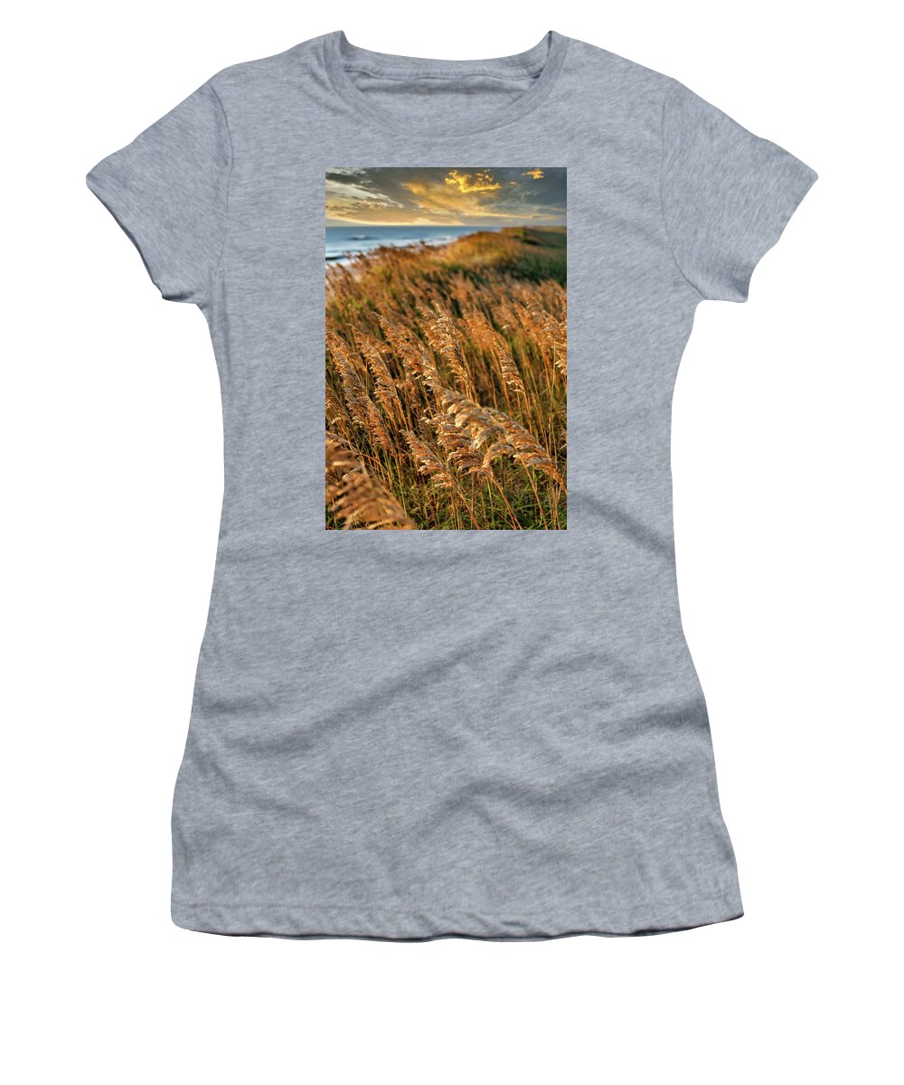 Beach Women's T-Shirt featuring the photograph Beach Sea Oats Sunrise 703 by Dan Carmichael