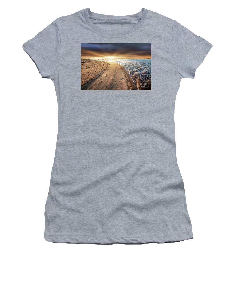Beach Women's T-Shirt featuring the photograph Beach sunrise at Burnham Overy Staithe in Norfolk by Simon Bratt