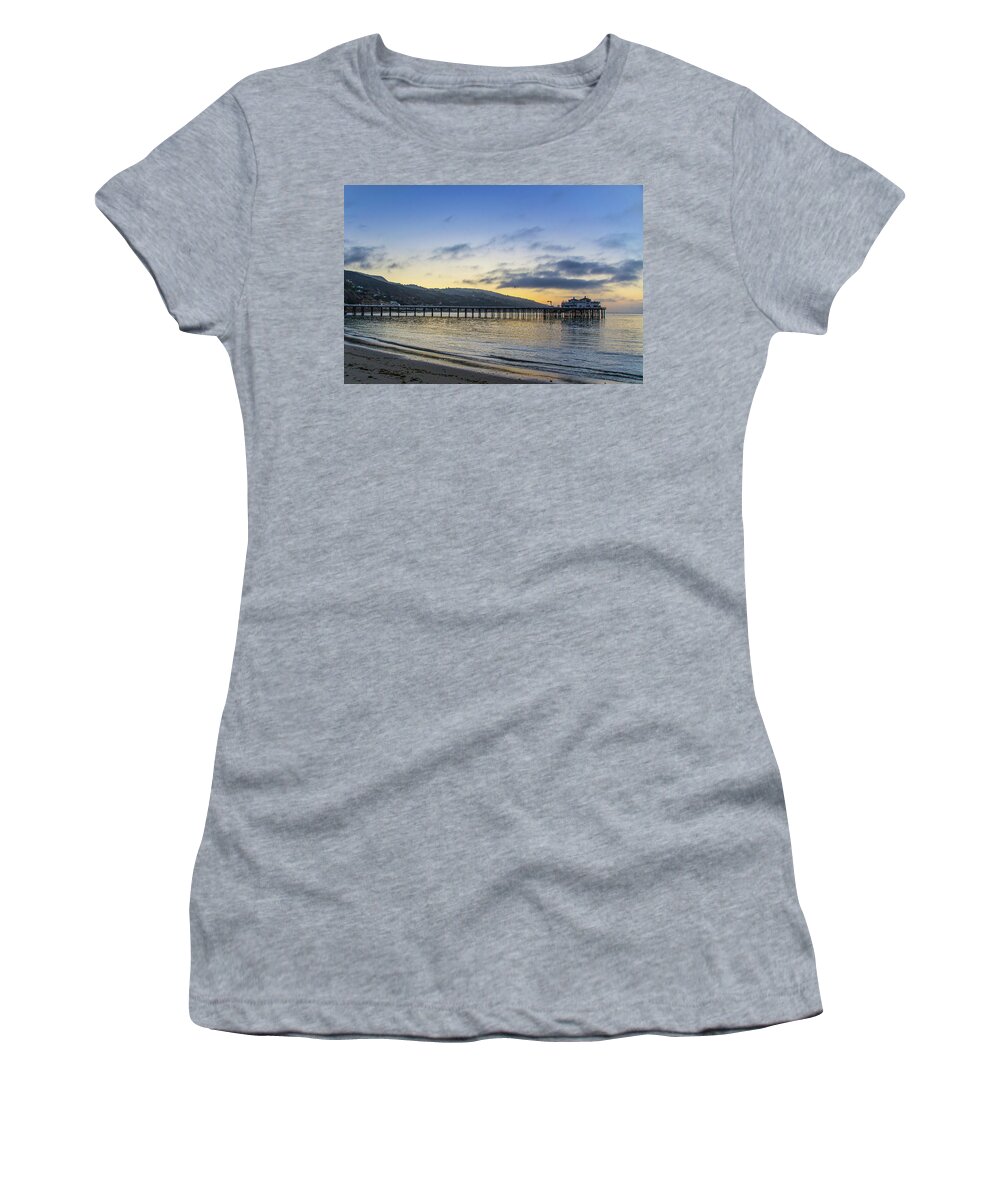 Malibu Pier Women's T-Shirt featuring the photograph Beach Sunrise at Malibu Pier by Matthew DeGrushe