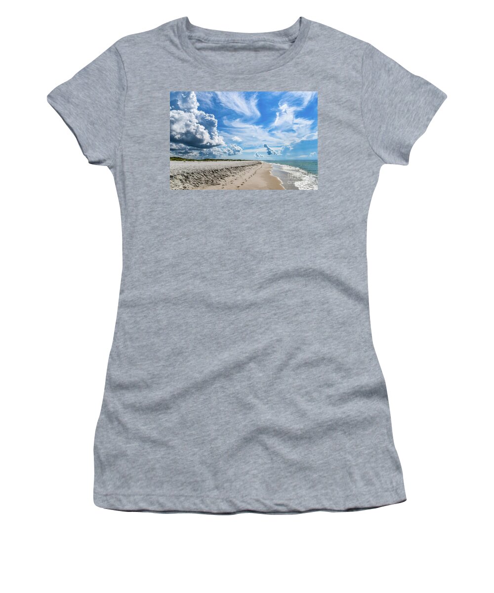 Footprints Women's T-Shirt featuring the photograph Beautiful Beach with Footprints in the Sand by Beachtown Views