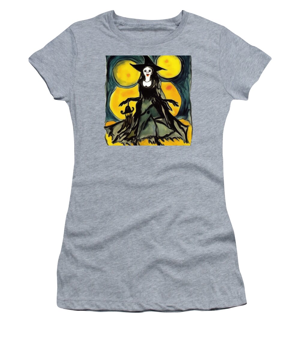 Halloween Women's T-Shirt featuring the digital art Beautiful classy Halloween witch by Tatiana Travelways