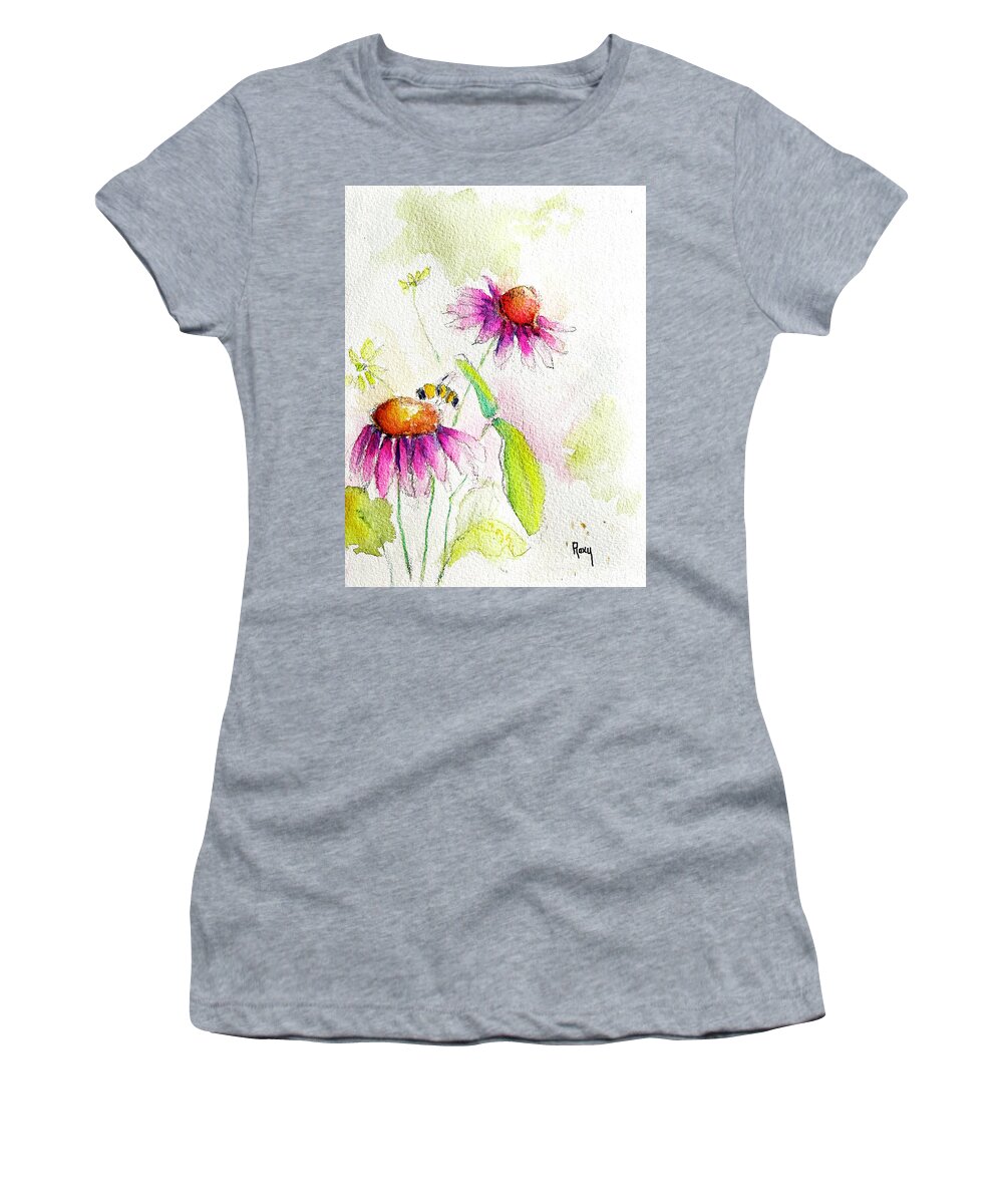 Bee Women's T-Shirt featuring the painting Bee on a coneflower by Roxy Rich
