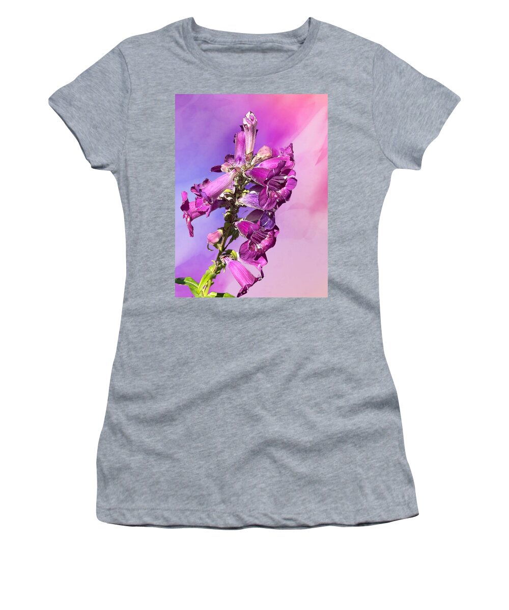 Flowers Bell Purple Pink Background Black Grey Plant Green Leaves Women's T-Shirt featuring the digital art Bell Flowers Purple and Pink by Kathleen Boyles