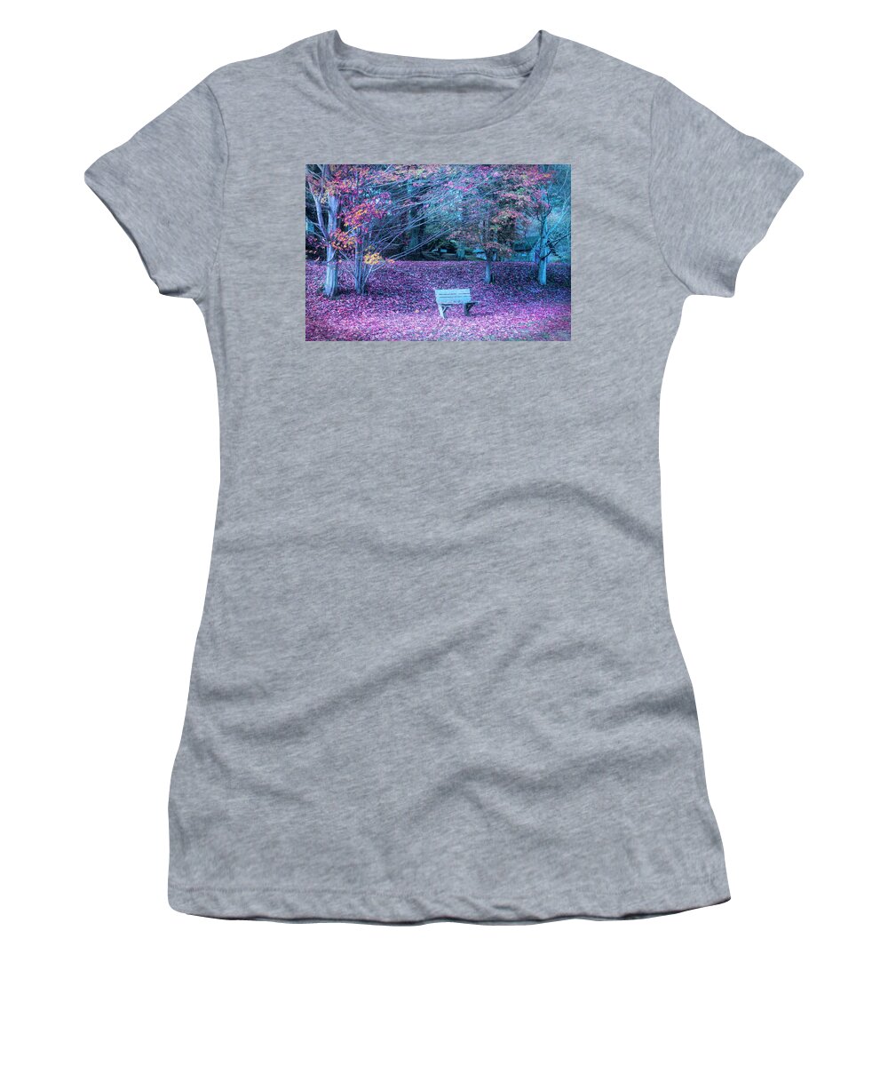 Barns Women's T-Shirt featuring the photograph Bench in the Fallen Leaves Creeper Trail in Autumn Fall Evening by Debra and Dave Vanderlaan
