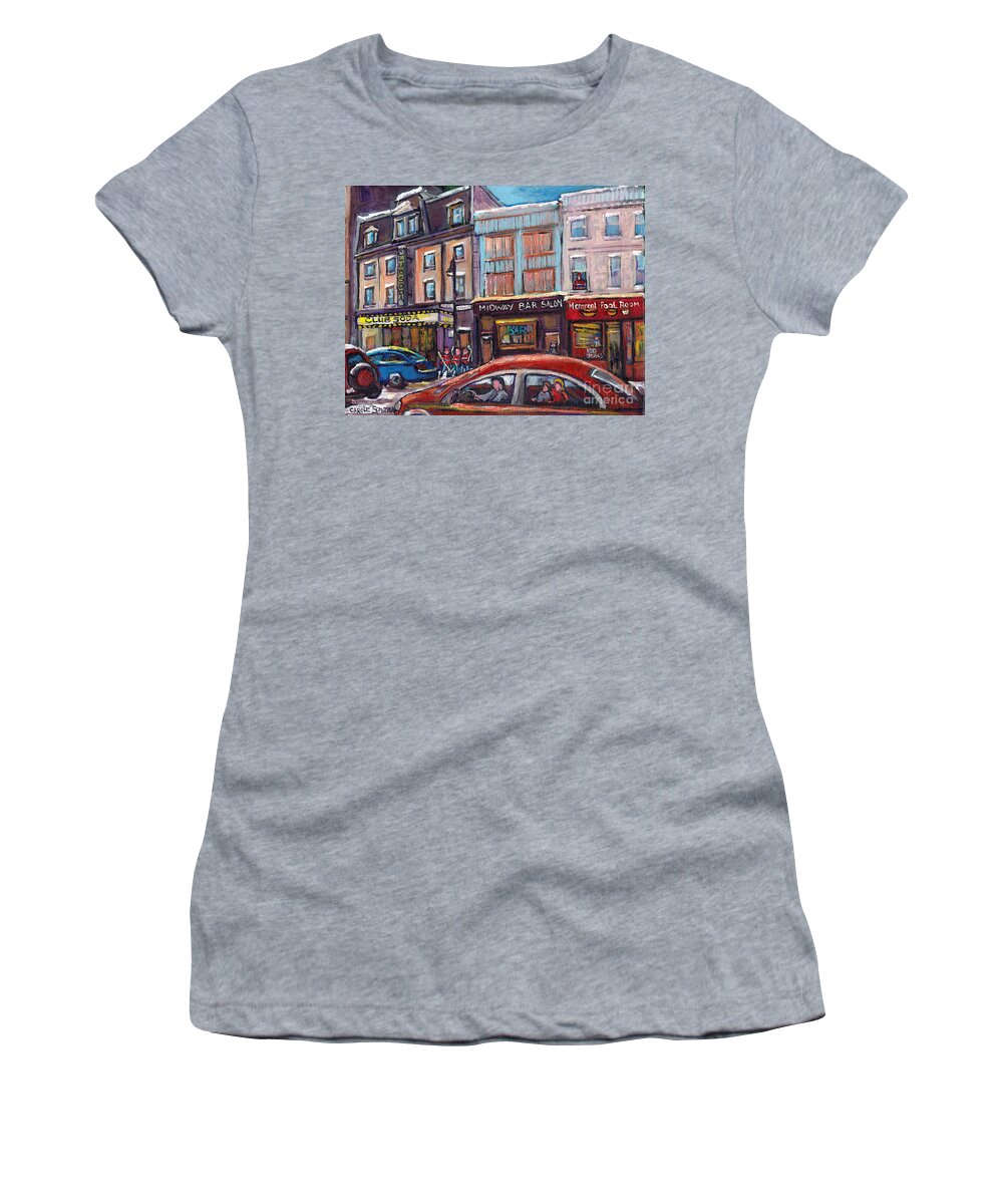 Montreal Women's T-Shirt featuring the painting Best Mile End Montreal Pool Room Club Soda Hockey Art Street Scene Carole Spandau Canadian Painting by Carole Spandau