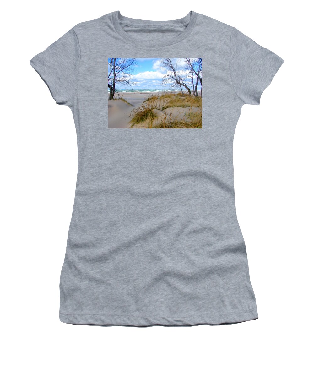 Trees Women's T-Shirt featuring the photograph Big Waves on Lake Michigan by Michelle Calkins