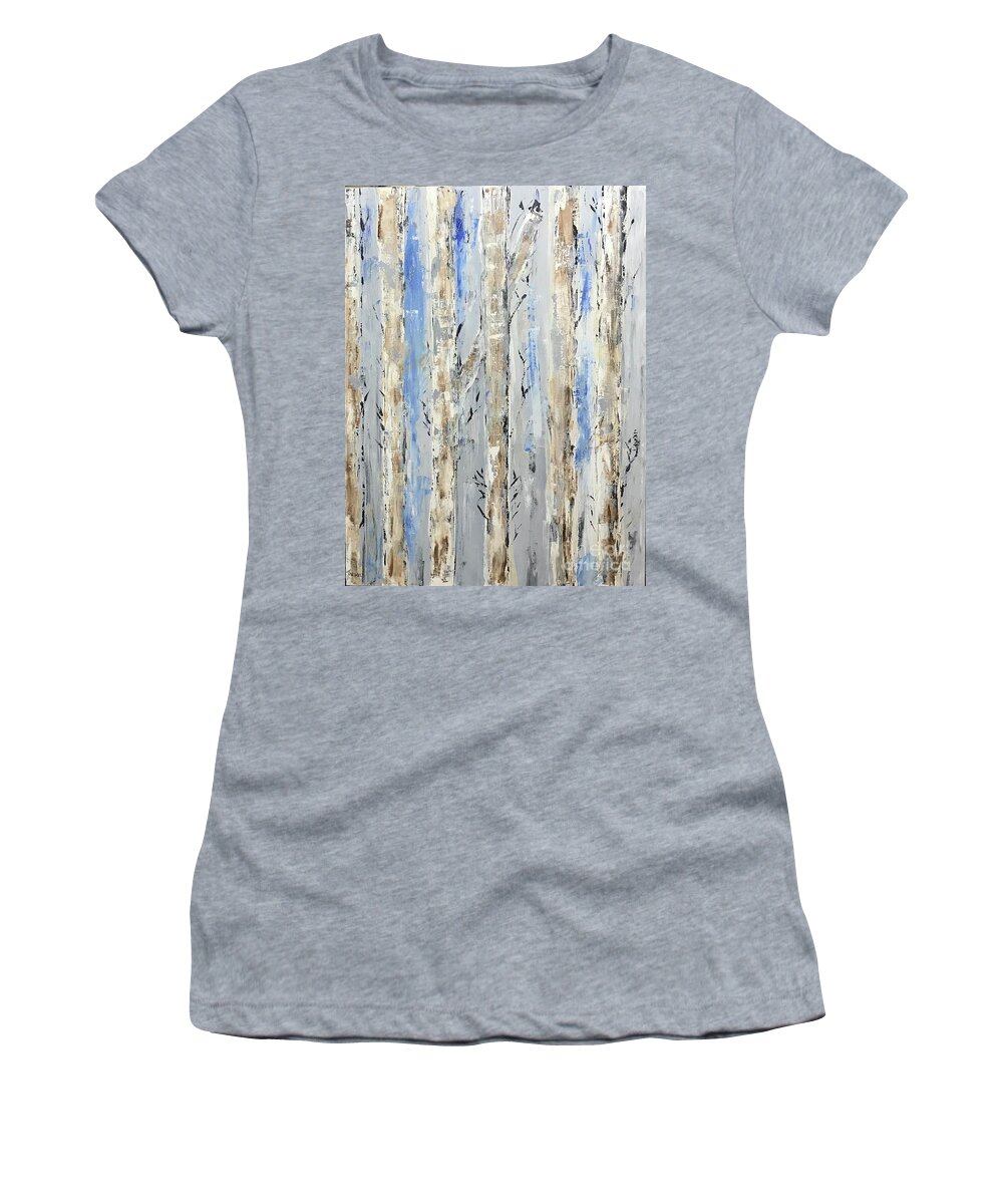 Original Art Work Women's T-Shirt featuring the painting Birch Trees, Blue Skies by Theresa Honeycheck