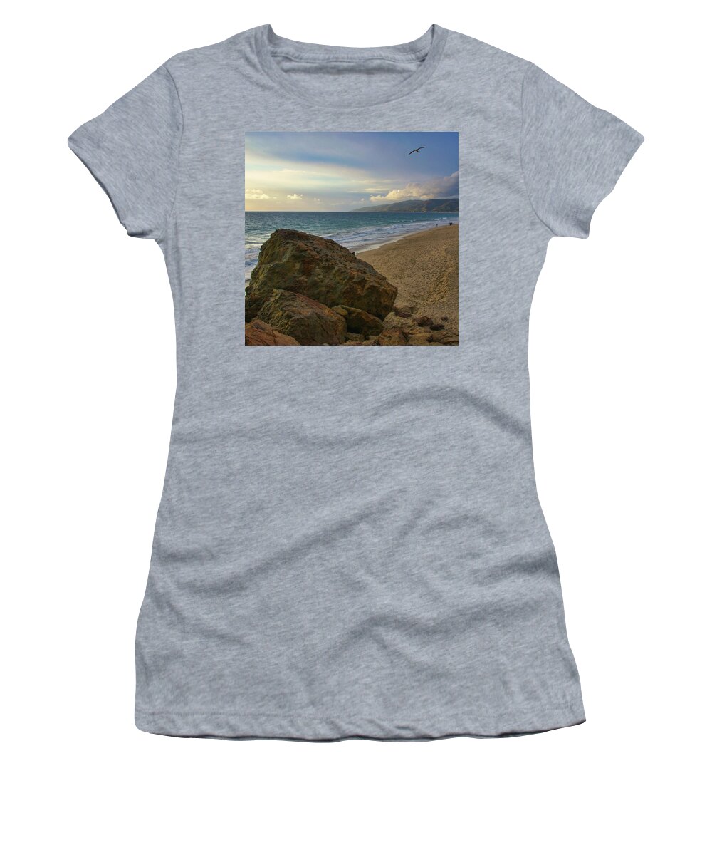 Beach Women's T-Shirt featuring the photograph Bird Soaring over Westward Beach in Malibu by Matthew DeGrushe
