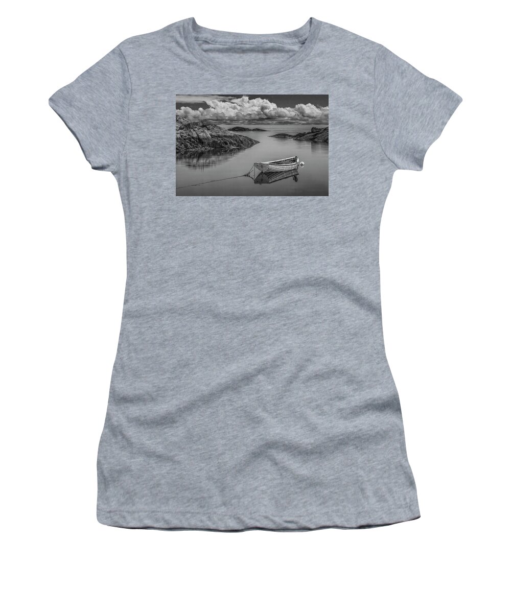 Coast Women's T-Shirt featuring the photograph Black and White of a boat in Peggy's Cove Harbor by Randall Nyhof
