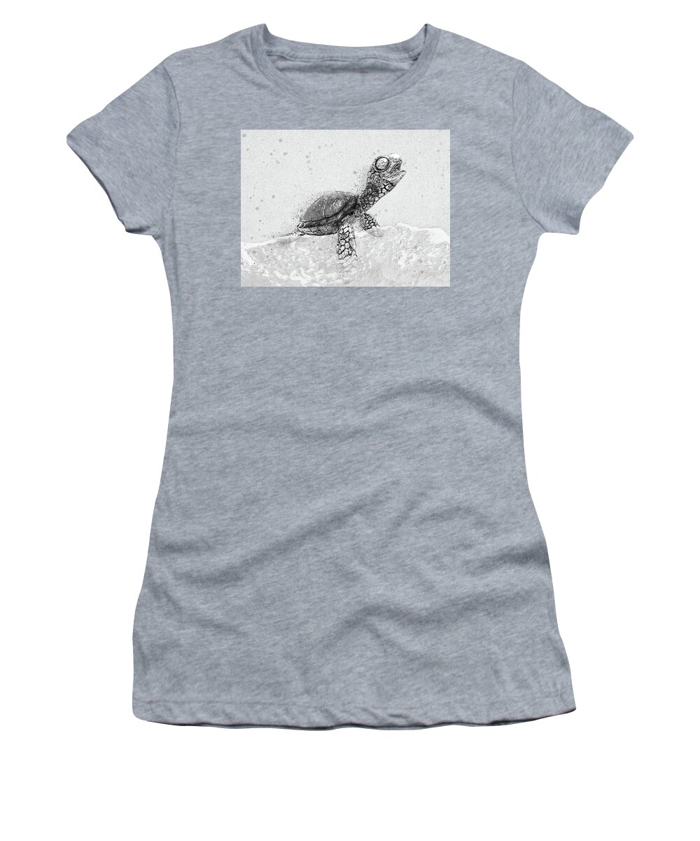 Sea Turtle On Beach Women's T-Shirt featuring the digital art Black and White Sea Turtle on Beach by Pamela Williams