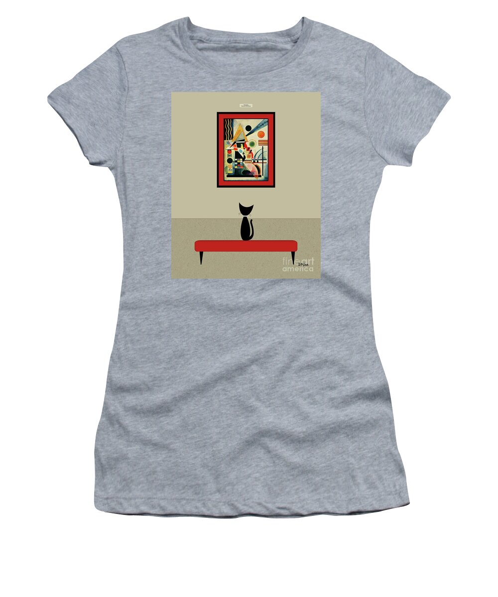 Wassily Kandinsky Women's T-Shirt featuring the digital art Black Cat Admires Kandinsky Painting by Donna Mibus