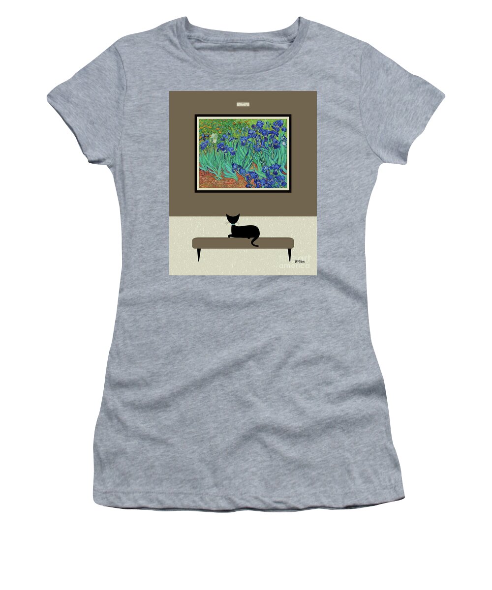 Black Cat Women's T-Shirt featuring the digital art Black Cat Enjoys Van Gogh Irises by Donna Mibus