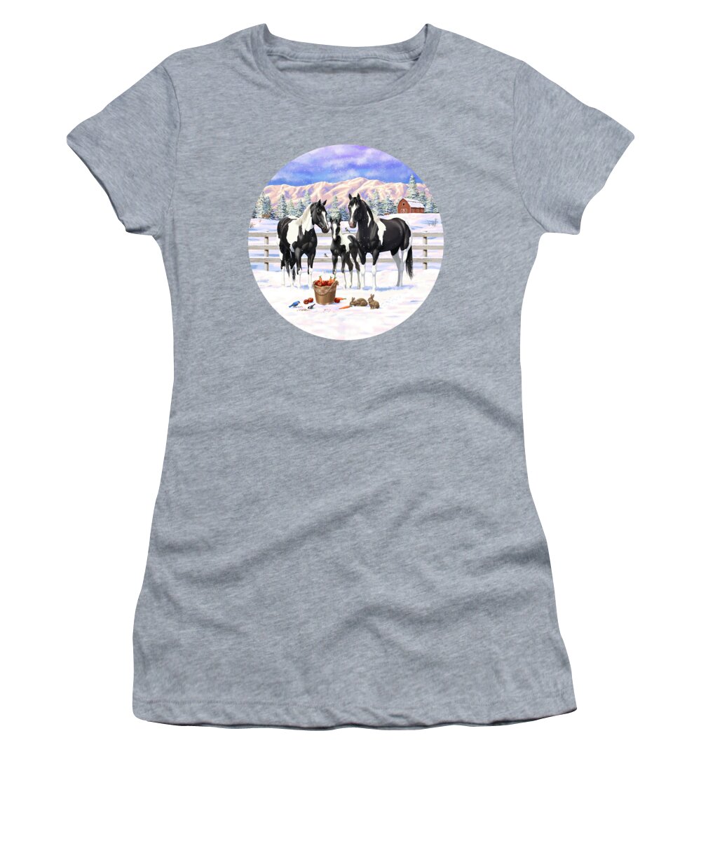 Horses Women's T-Shirt featuring the painting Black Paint Horses In Snow by Crista Forest