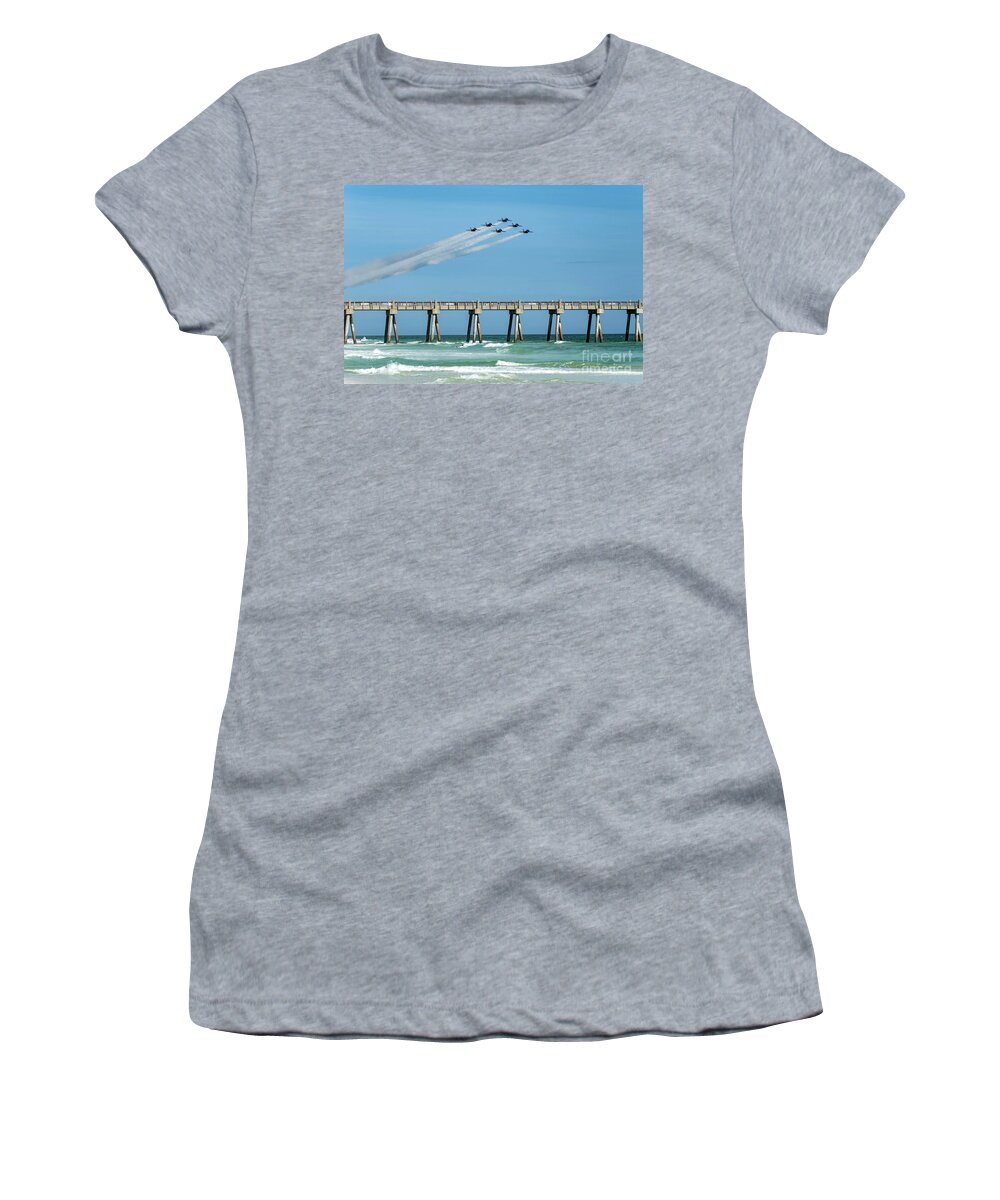 Blue Angels Women's T-Shirt featuring the photograph Blue Angels Over Pensacola Beach Fishing Pier by Beachtown Views