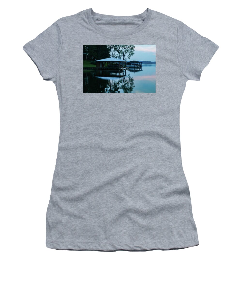 Morning Women's T-Shirt featuring the photograph Blue Boathouses by Ed Williams