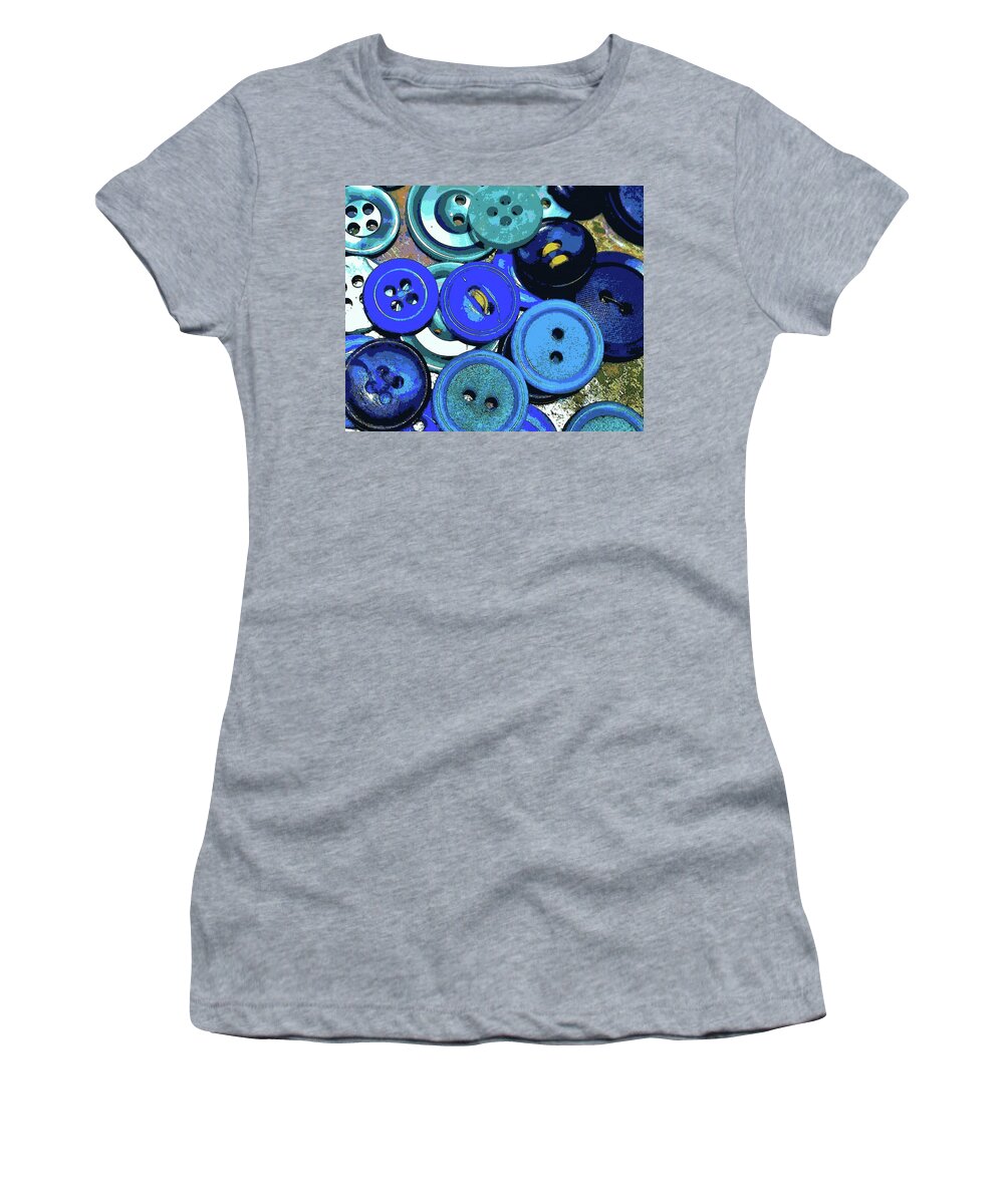 Blue Women's T-Shirt featuring the mixed media Blue Buttons Still Life Sewing Room Art by Shelli Fitzpatrick