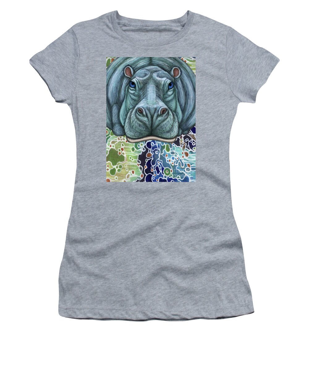 Hippopotamus Women's T-Shirt featuring the painting Blue Hippopotamus Abstract by Amy E Fraser