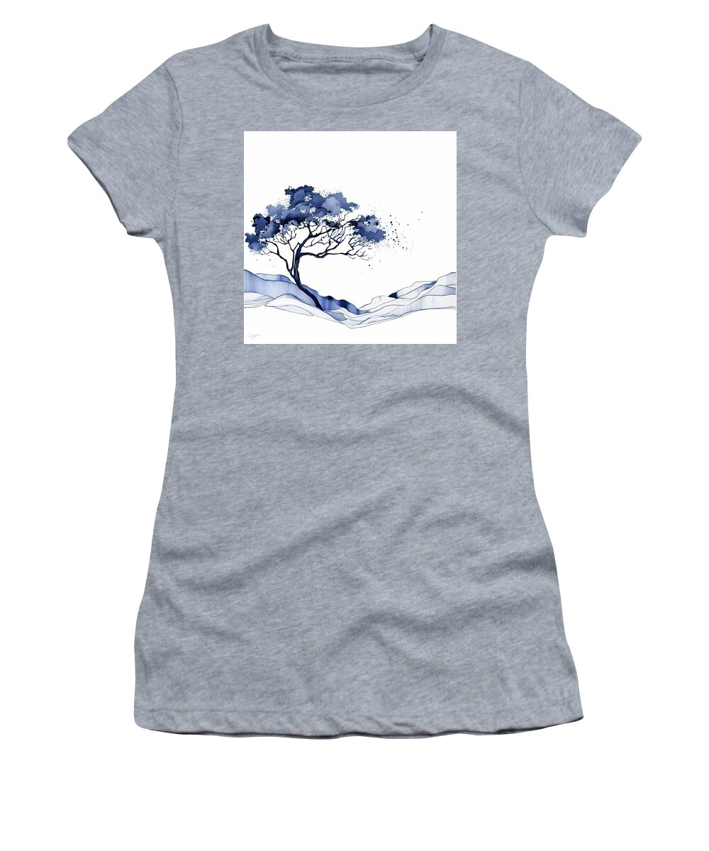 Blue Mid-century Modern Art Women's T-Shirt featuring the painting Blue Hues - Navy Blue and White Art by Lourry Legarde
