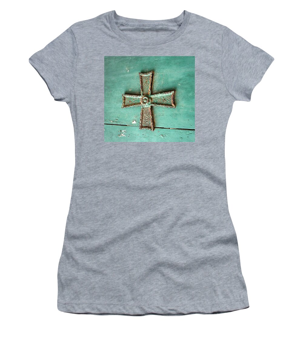 Blue Iron Cross On Wood Women's T-Shirt featuring the photograph Blue Iron Cross on Wood in Square by Iris Richardson