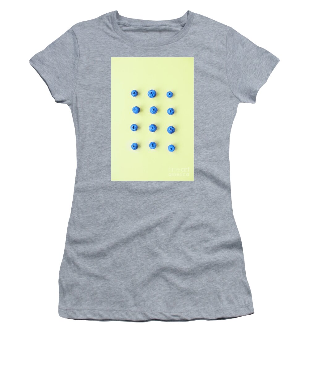 Healthy; Fresh; Berry; Fruit; Minimalism; Yellow; Blueberries; Color; Abstract; Design; Pattern; Background; Flatlay Women's T-Shirt featuring the photograph Blue on Yellow by Juli Scalzi