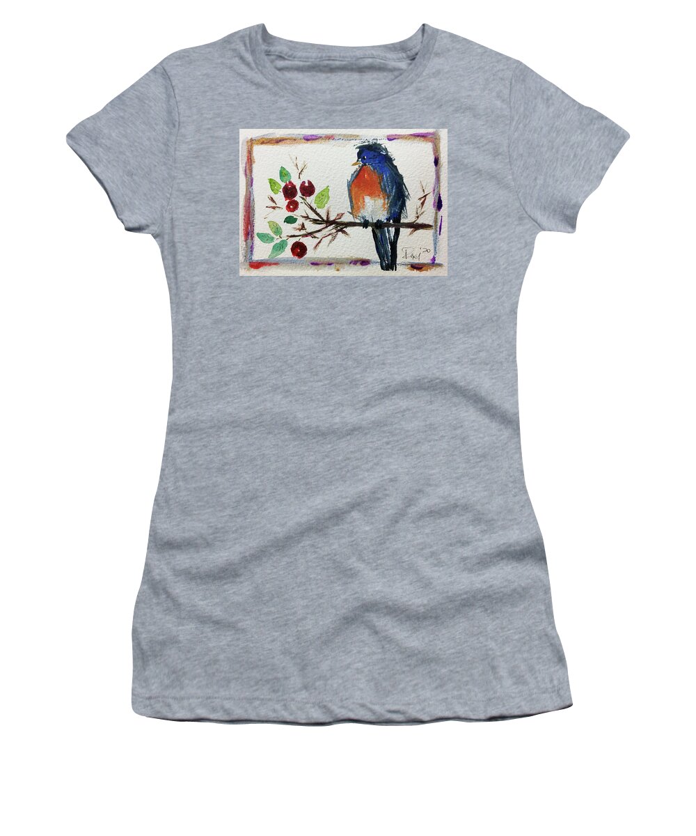 Bluebird Women's T-Shirt featuring the painting Bluebird on a Berry Branch by Roxy Rich