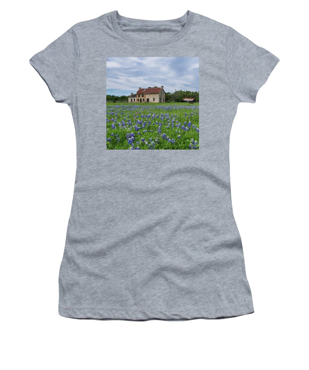 Bluebonnets Women's T-Shirt featuring the photograph Bluebonnet House Marble Falls Texas by Robert Bellomy