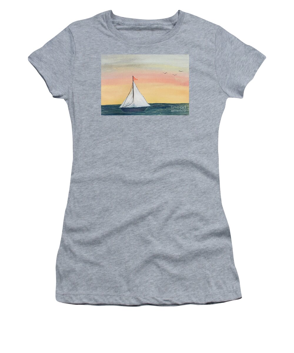 Sailboat Women's T-Shirt featuring the painting Boat at Sunset by Lisa Neuman