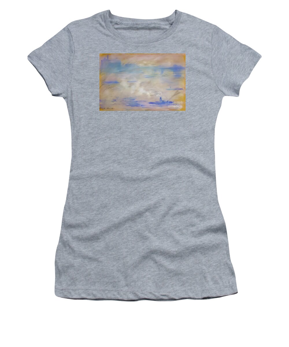 French Women's T-Shirt featuring the painting Boats on the Thames, Fog Effect by Claude Monet 1901 by Claude Monet