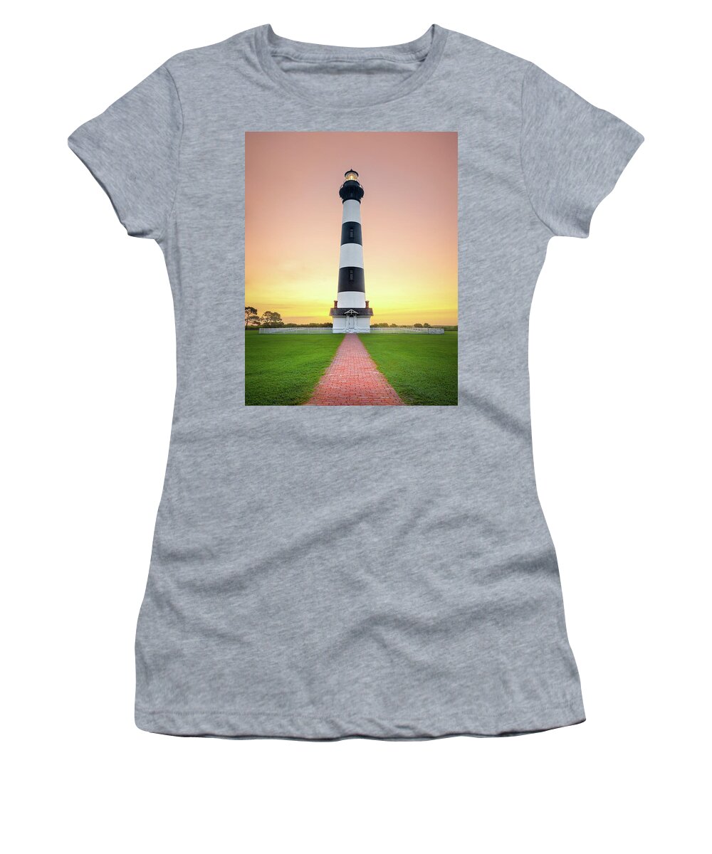 Bodie Island Lighthouse Women's T-Shirt featuring the photograph Bodie Island Lighthouse OBX Outer Banks NC Sunrise. by Jordan Hill