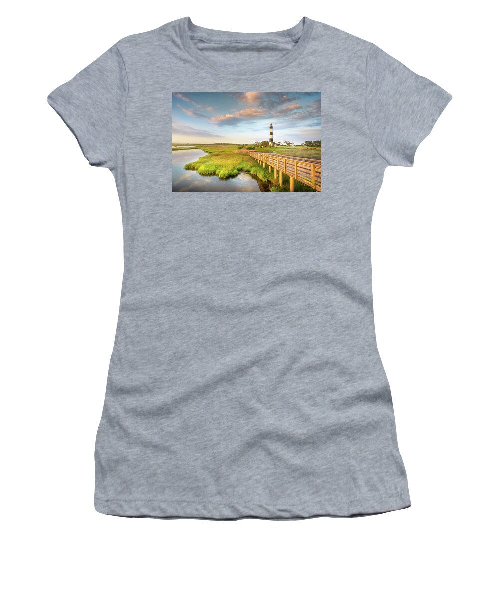 Bodie Island Lighthouse Women's T-Shirt featuring the photograph Bodie Island Lighthouse Sunrise OBX Outer Banks NC by Jordan Hill